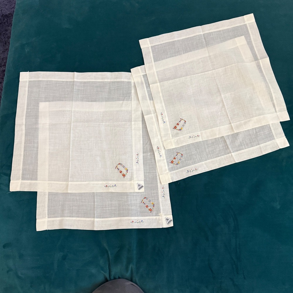 Vintage Herrmann Handkerchiefs Embroidered Floral Monogram White Linen‎ Set of 4